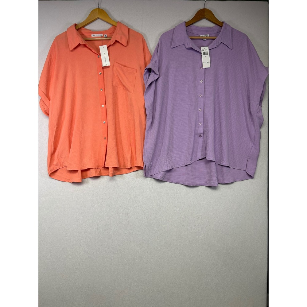 Casual Summer Notations Woman Womens 3X Coral Short Sleeve Button Down Shirt